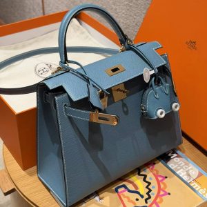 Hermes Kelly 28 Bag Handmade In Epsom Calfskin Leather Gold Hardware 75 Bleu Jean - Image 11