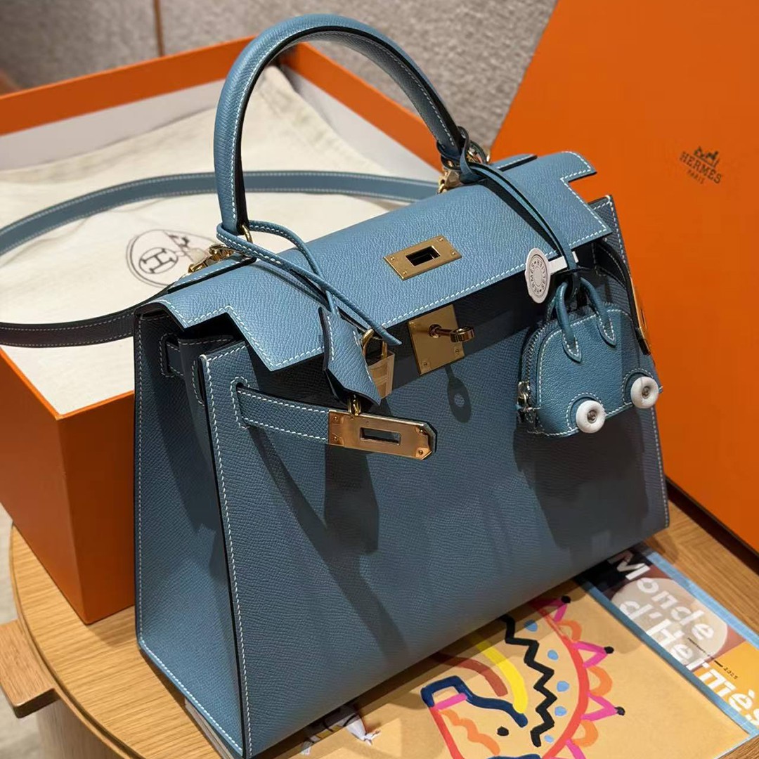 Hermes Kelly 28 Bag Handmade In Epsom Calfskin Leather Gold Hardware 75 Bleu Jean - Image 11