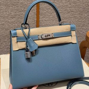 Hermes Kelly 28 Bag Handmade In Epsom Calfskin Leather Silver Hardware 75 Blue Jean