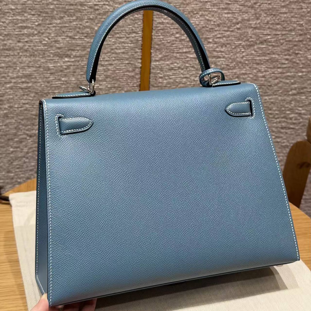 Hermes Kelly 28 Bag Handmade In Epsom Calfskin Leather Silver Hardware 75 Blue Jean - Image 2