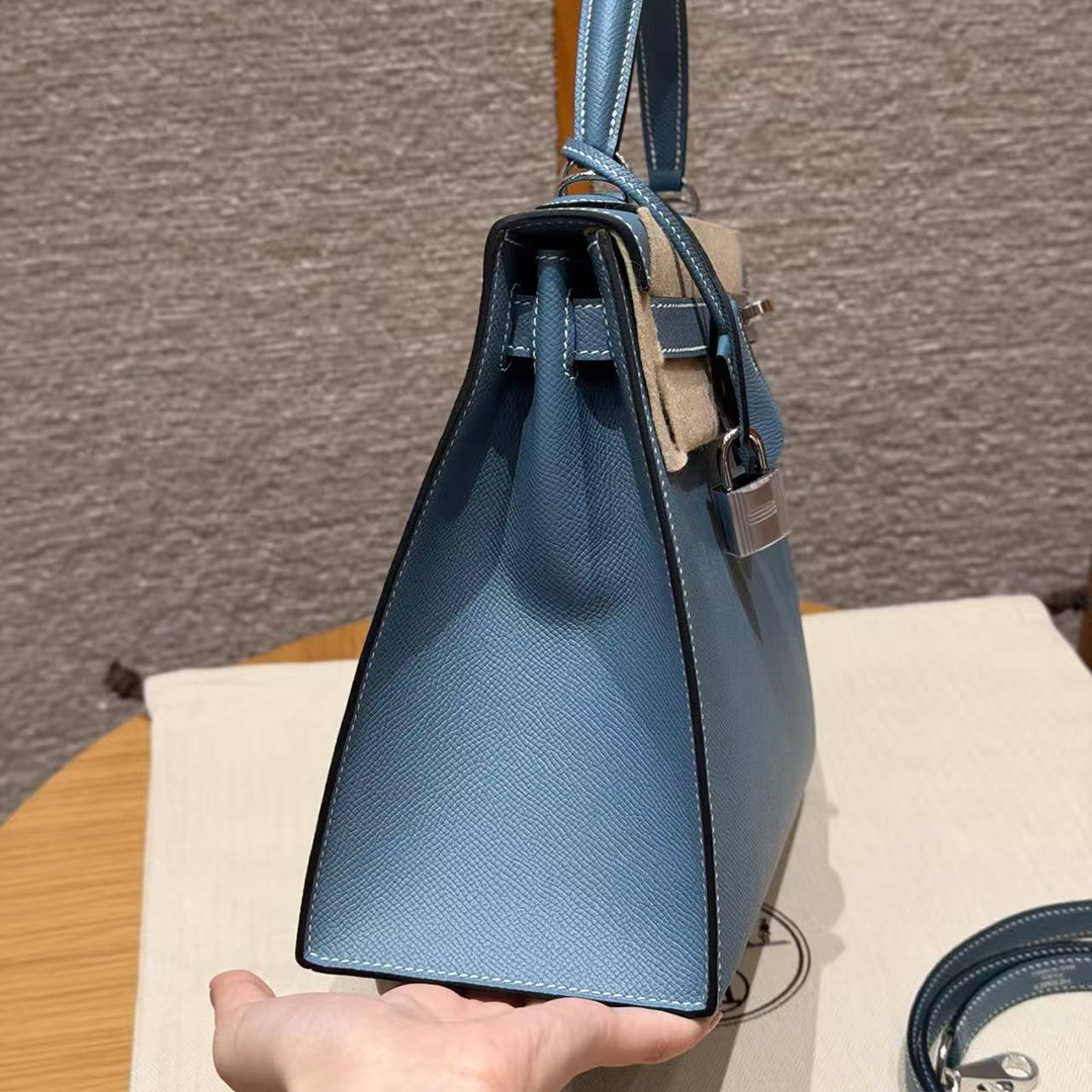 Hermes Kelly 28 Bag Handmade In Epsom Calfskin Leather Silver Hardware 75 Blue Jean - Image 22