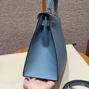 Hermes Kelly 28 Bag Handmade In Epsom Calfskin Leather Silver Hardware 75 Blue Jean - Image 21
