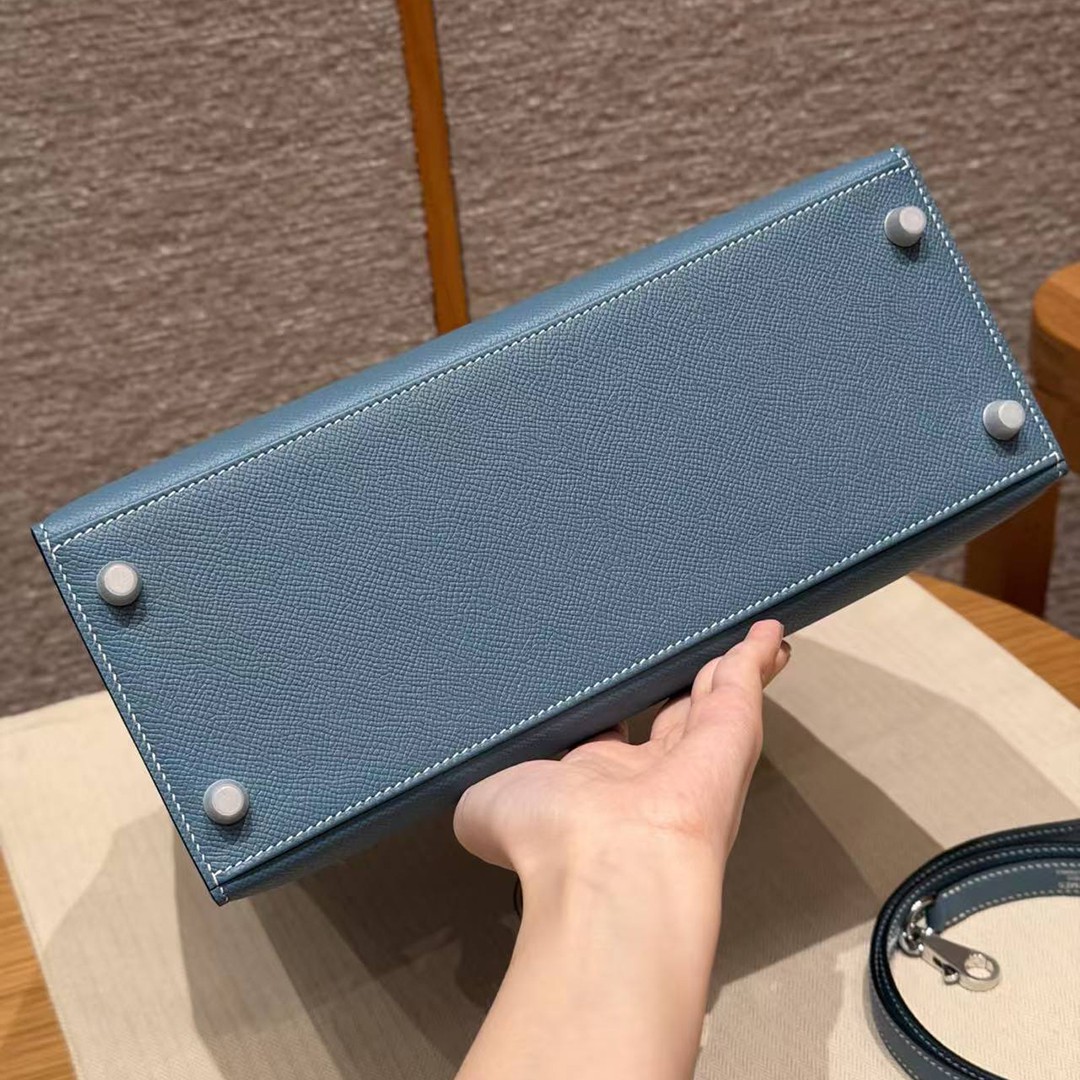 Hermes Kelly 28 Bag Handmade In Epsom Calfskin Leather Silver Hardware 75 Blue Jean - Image 20