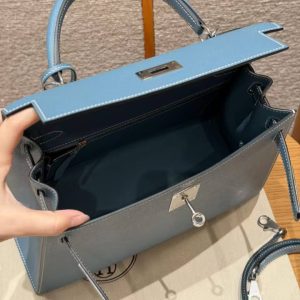 Hermes Kelly 28 Bag Handmade In Epsom Calfskin Leather Silver Hardware 75 Blue Jean - Image 19