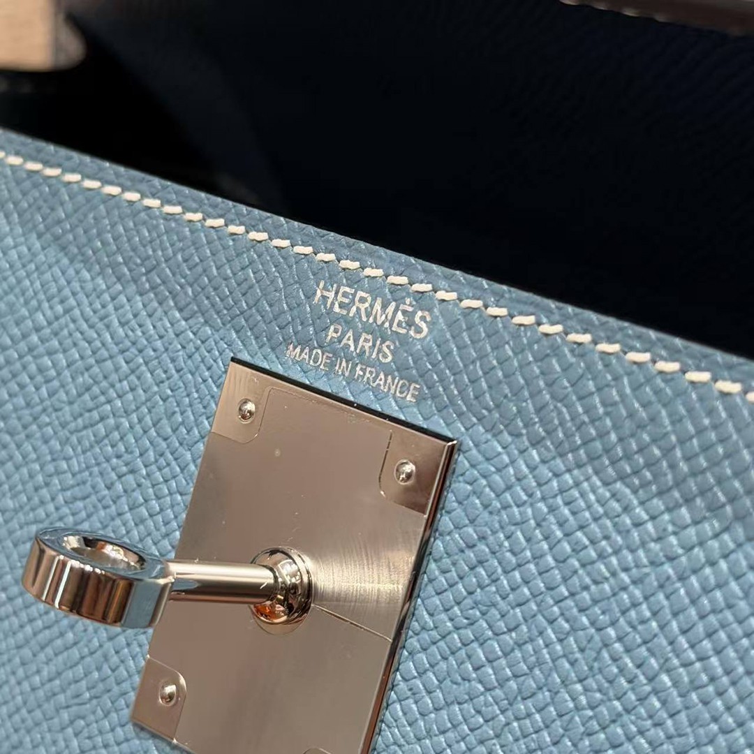 Hermes Kelly 28 Bag Handmade In Epsom Calfskin Leather Silver Hardware 75 Blue Jean - Image 18
