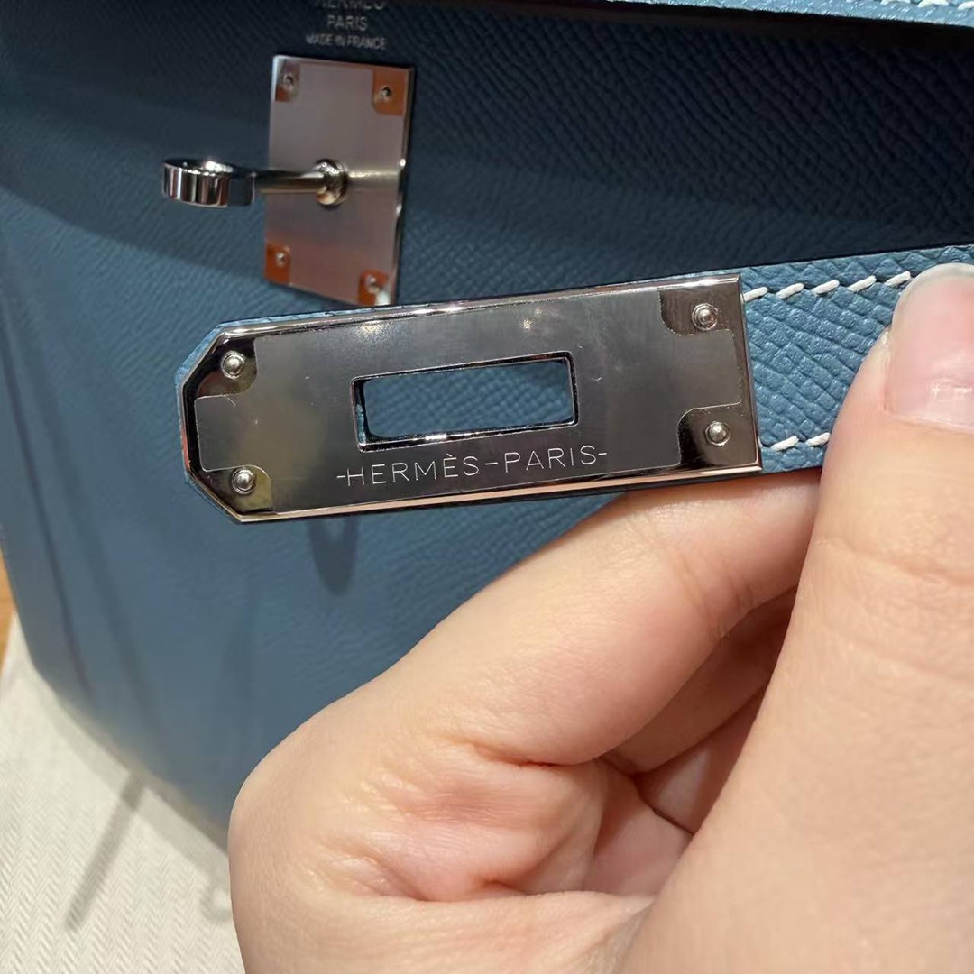 Hermes Kelly 28 Bag Handmade In Epsom Calfskin Leather Silver Hardware 75 Blue Jean - Image 16