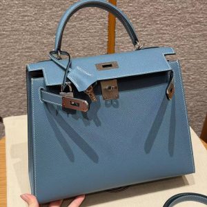 Hermes Kelly 28 Bag Handmade In Epsom Calfskin Leather Silver Hardware 75 Blue Jean - Image 15
