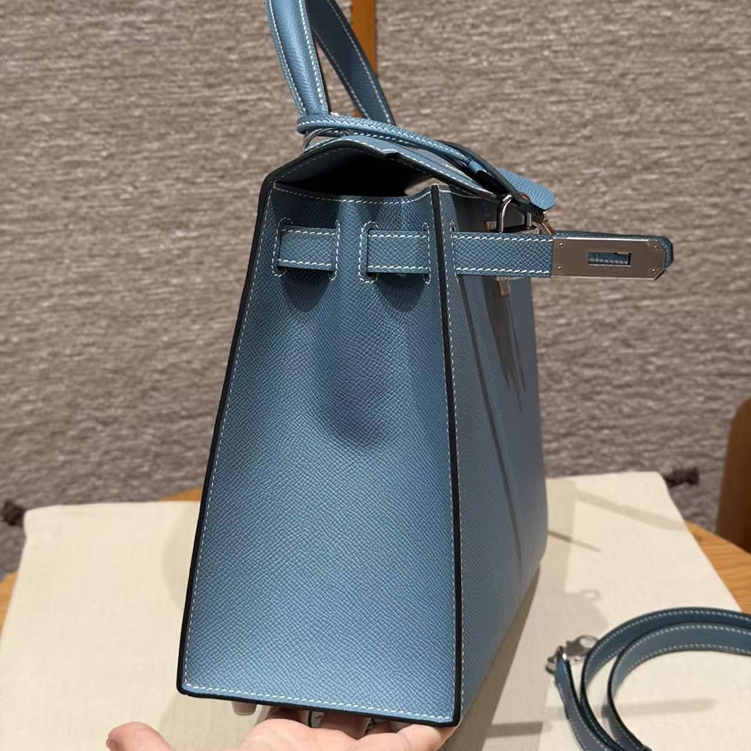 Hermes Kelly 28 Bag Handmade In Epsom Calfskin Leather Silver Hardware 75 Blue Jean - Image 14