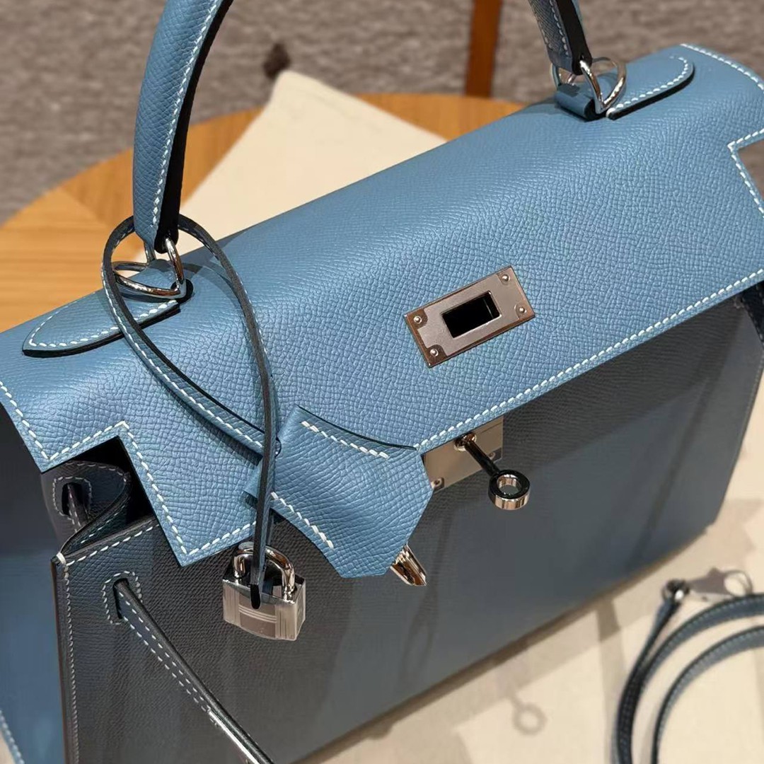 Hermes Kelly 28 Bag Handmade In Epsom Calfskin Leather Silver Hardware 75 Blue Jean - Image 12