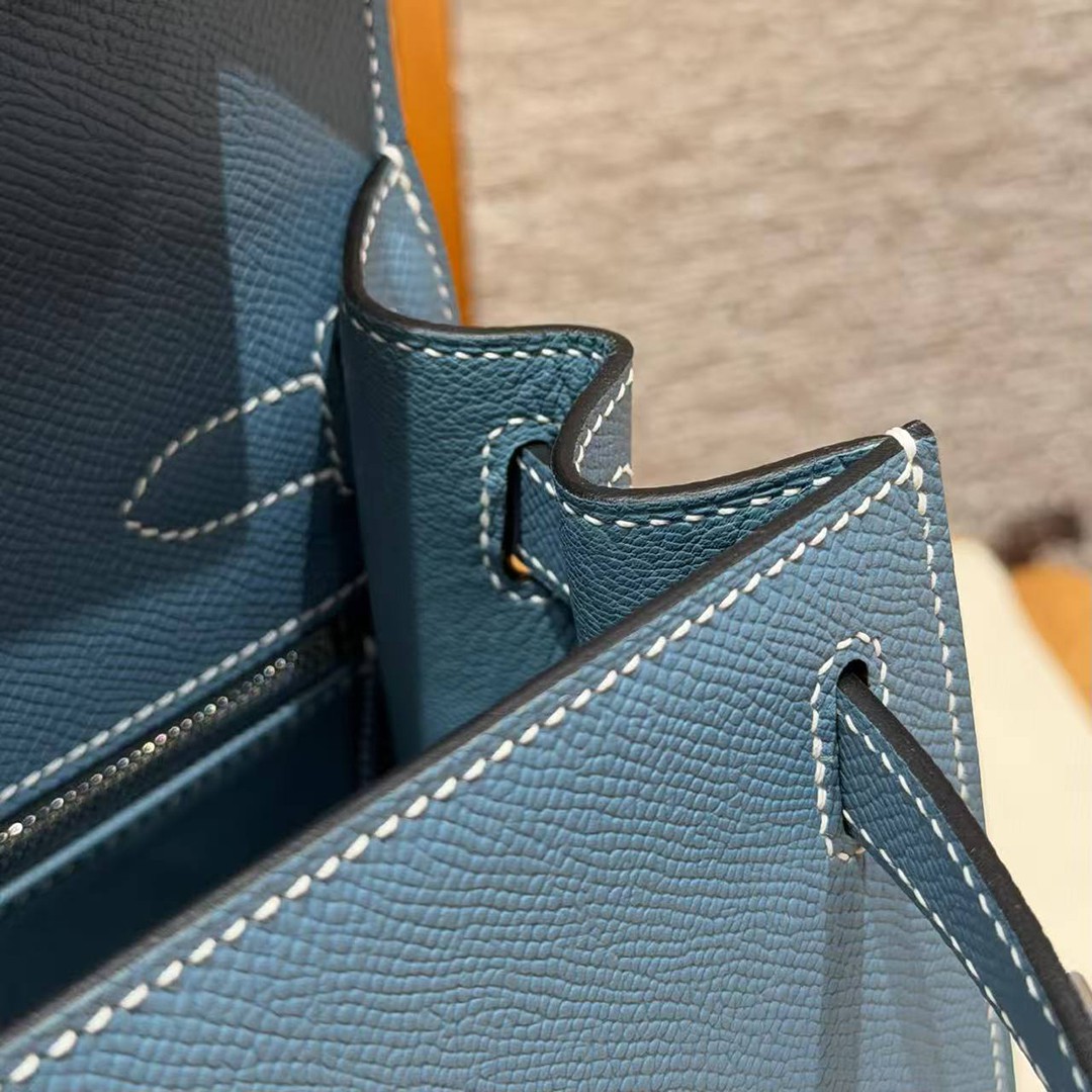 Hermes Kelly 28 Bag Handmade In Epsom Calfskin Leather Silver Hardware 75 Blue Jean - Image 11