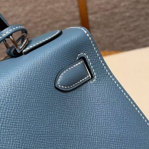 Hermes Kelly 28 Bag Handmade In Epsom Calfskin Leather Silver Hardware 75 Blue Jean - Image 8