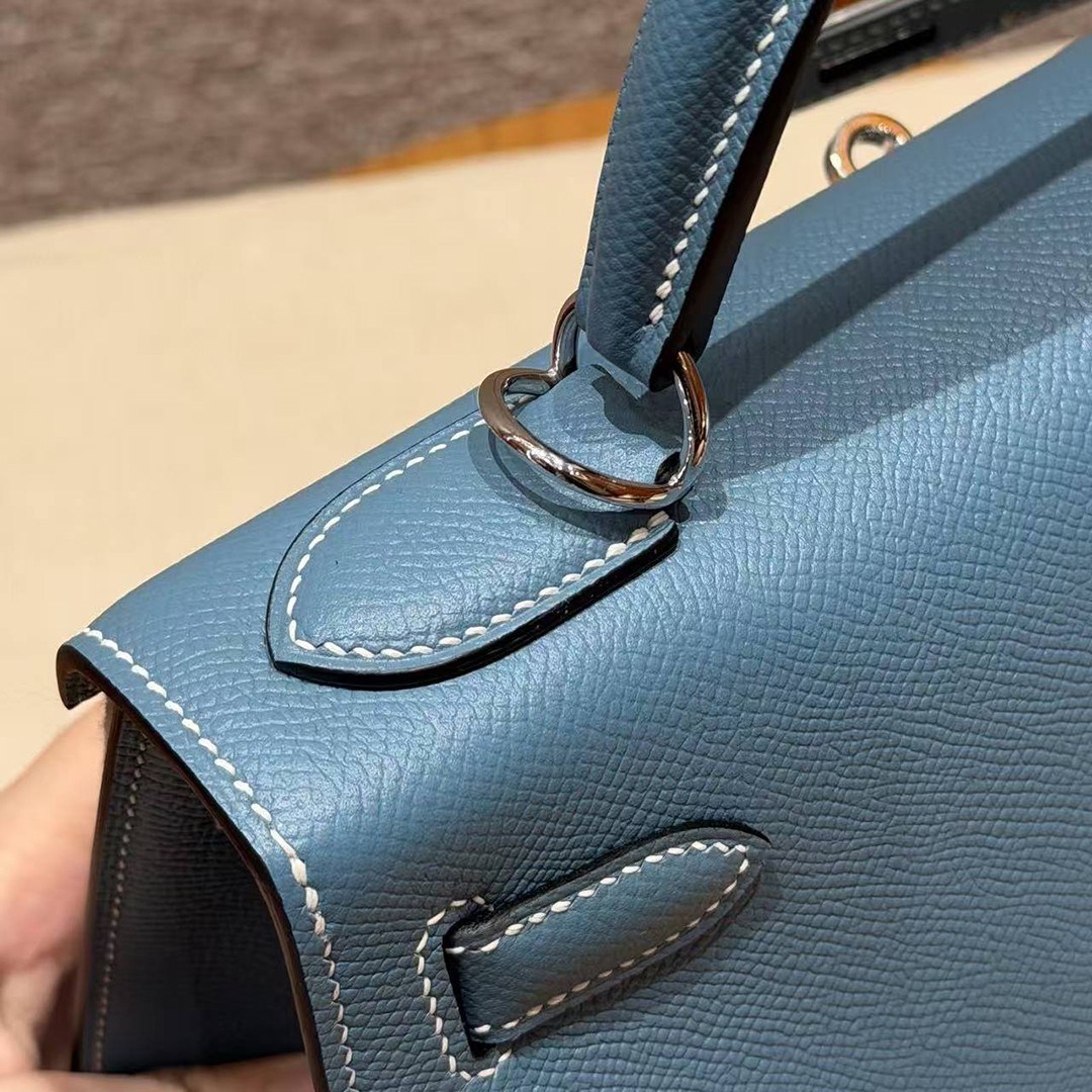 Hermes Kelly 28 Bag Handmade In Epsom Calfskin Leather Silver Hardware 75 Blue Jean - Image 7
