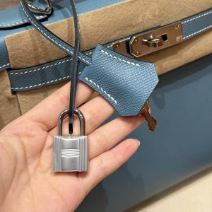 Hermes Kelly 28 Bag Handmade In Epsom Calfskin Leather Silver Hardware 75 Blue Jean - Image 6