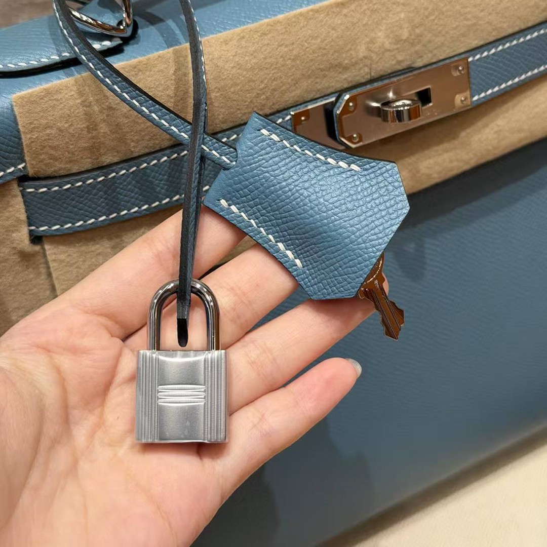 Hermes Kelly 28 Bag Handmade In Epsom Calfskin Leather Silver Hardware 75 Blue Jean - Image 6