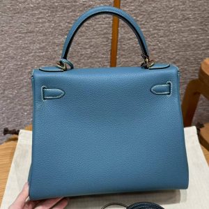 Hermes Kelly 28 Bag Handmade In Togo Calfskin Leather Gold Hardware 75 Blue Jean - Image 2