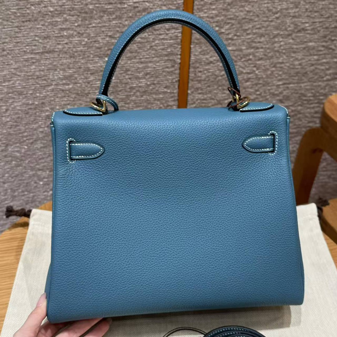 Hermes Kelly 28 Bag Handmade In Togo Calfskin Leather Gold Hardware 75 Blue Jean - Image 2