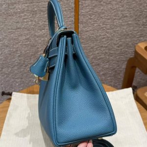 Hermes Kelly 28 Bag Handmade In Togo Calfskin Leather Gold Hardware 75 Blue Jean - Image 17