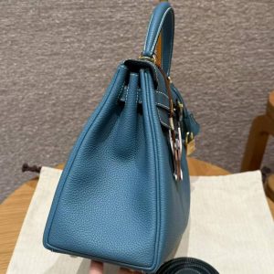 Hermes Kelly 28 Bag Handmade In Togo Calfskin Leather Gold Hardware 75 Blue Jean - Image 16