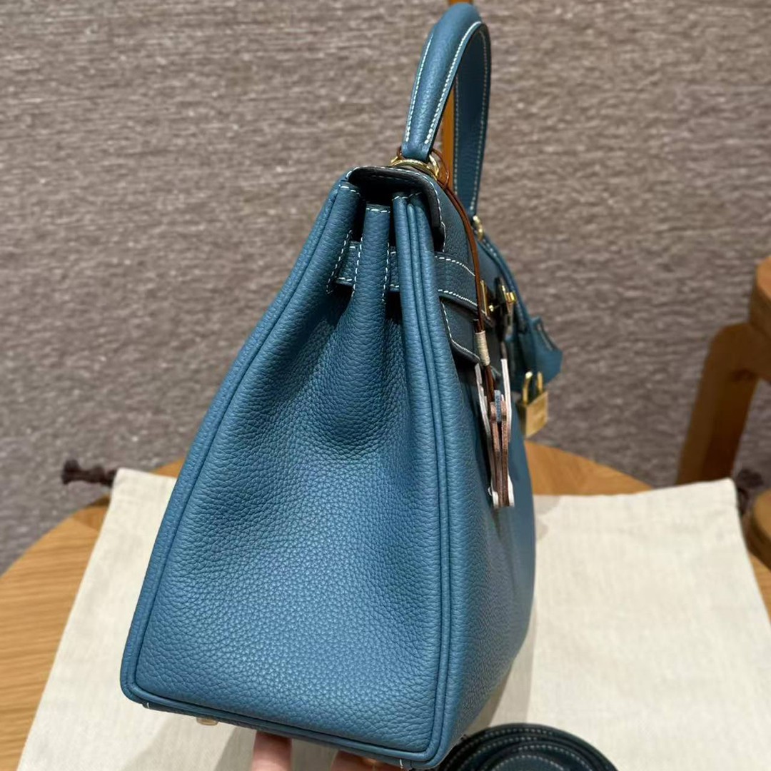 Hermes Kelly 28 Bag Handmade In Togo Calfskin Leather Gold Hardware 75 Blue Jean - Image 16