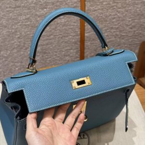 Hermes Kelly 28 Bag Handmade In Togo Calfskin Leather Gold Hardware 75 Blue Jean - Image 14