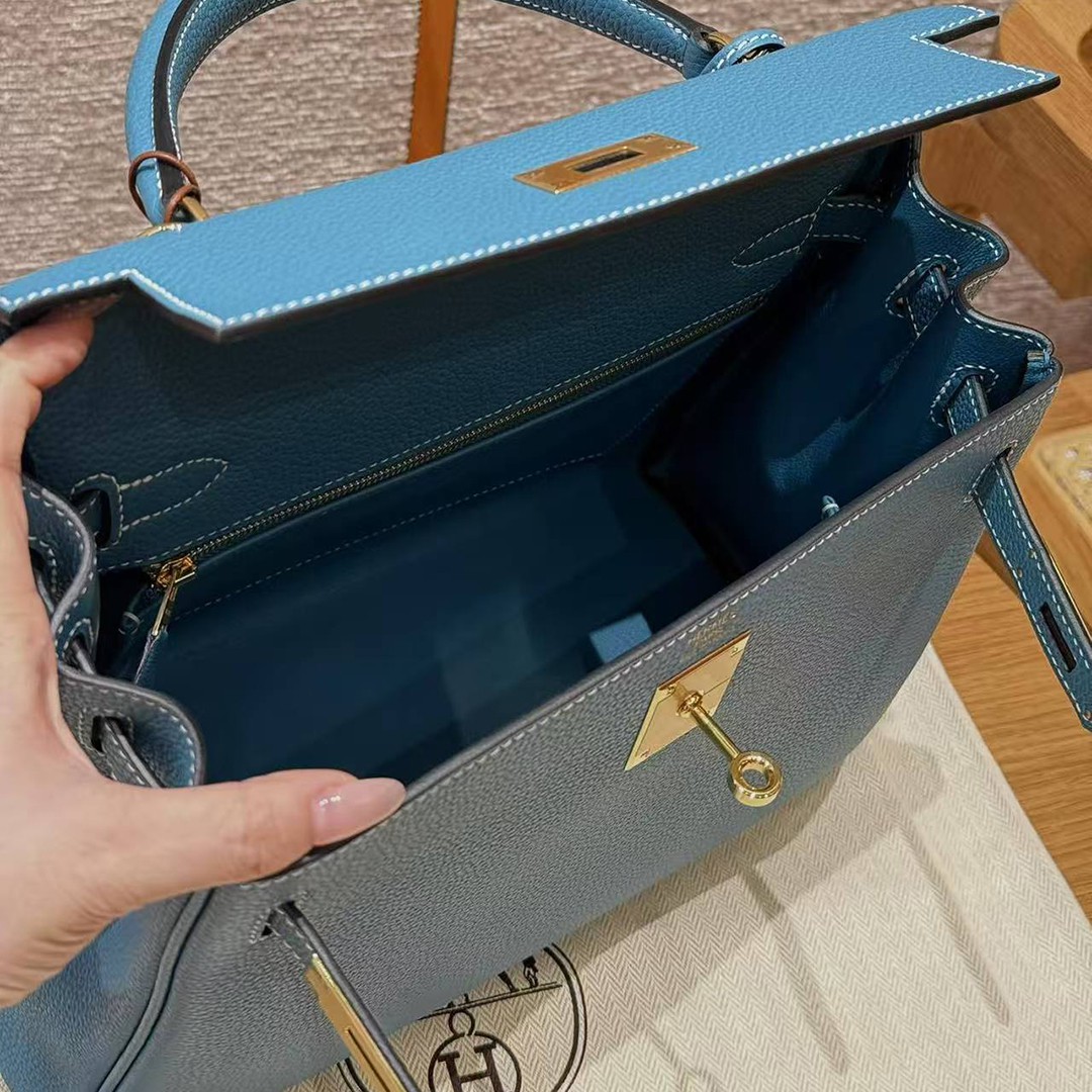 Hermes Kelly 28 Bag Handmade In Togo Calfskin Leather Gold Hardware 75 Blue Jean - Image 13