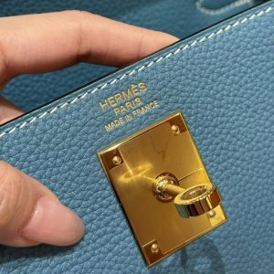 Hermes Kelly 28 Bag Handmade In Togo Calfskin Leather Gold Hardware 75 Blue Jean - Image 12