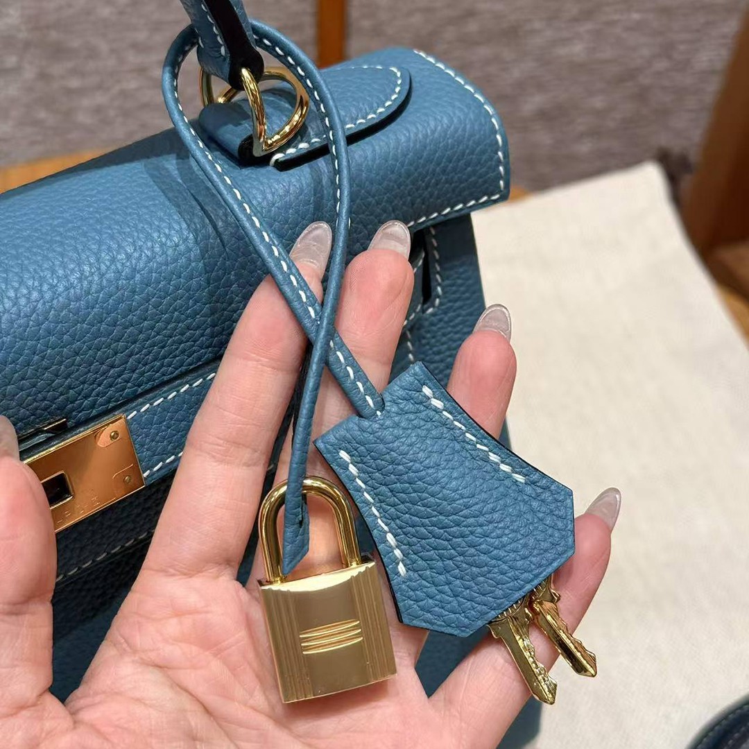 Hermes Kelly 28 Bag Handmade In Togo Calfskin Leather Gold Hardware 75 Blue Jean - Image 10
