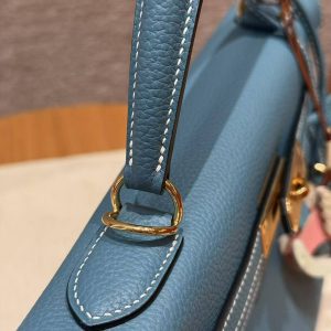 Hermes Kelly 28 Bag Handmade In Togo Calfskin Leather Gold Hardware 75 Blue Jean - Image 9
