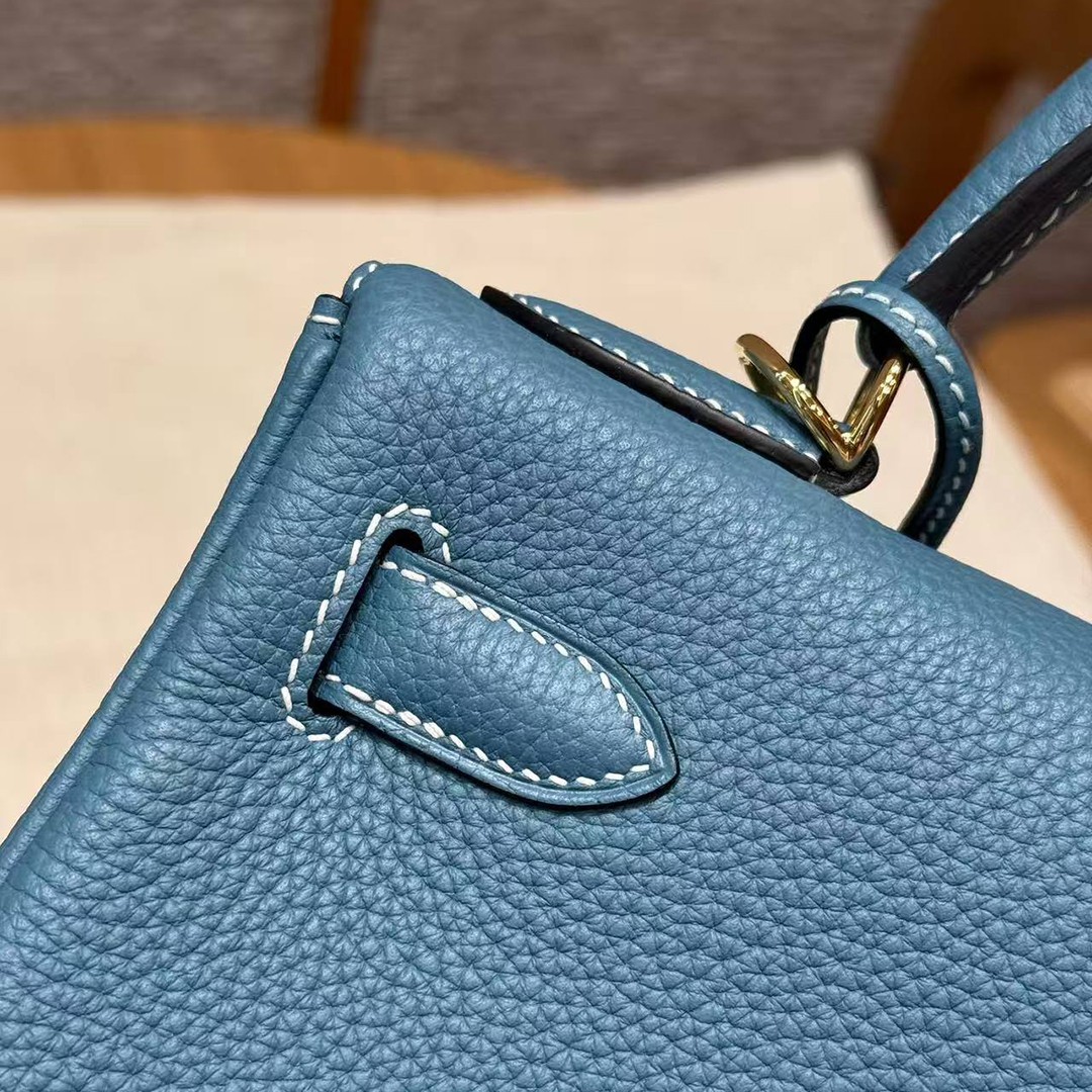 Hermes Kelly 28 Bag Handmade In Togo Calfskin Leather Gold Hardware 75 Blue Jean - Image 8