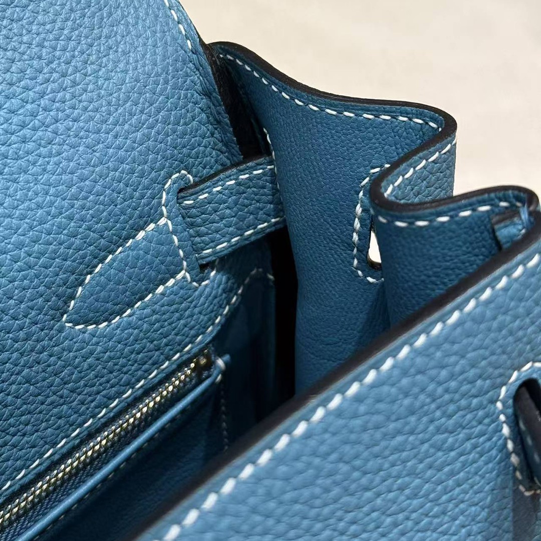 Hermes Kelly 28 Bag Handmade In Togo Calfskin Leather Gold Hardware 75 Blue Jean - Image 7