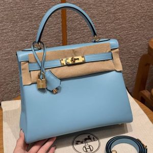 Hermes Kelly 28 Bag Handmade In Swift Calfskin Leather Gold Hardware 7N Celeste