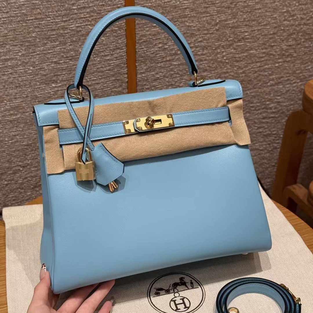 Hermes Kelly 28 Bag Handmade In Swift Calfskin Leather Gold Hardware 7N Celeste
