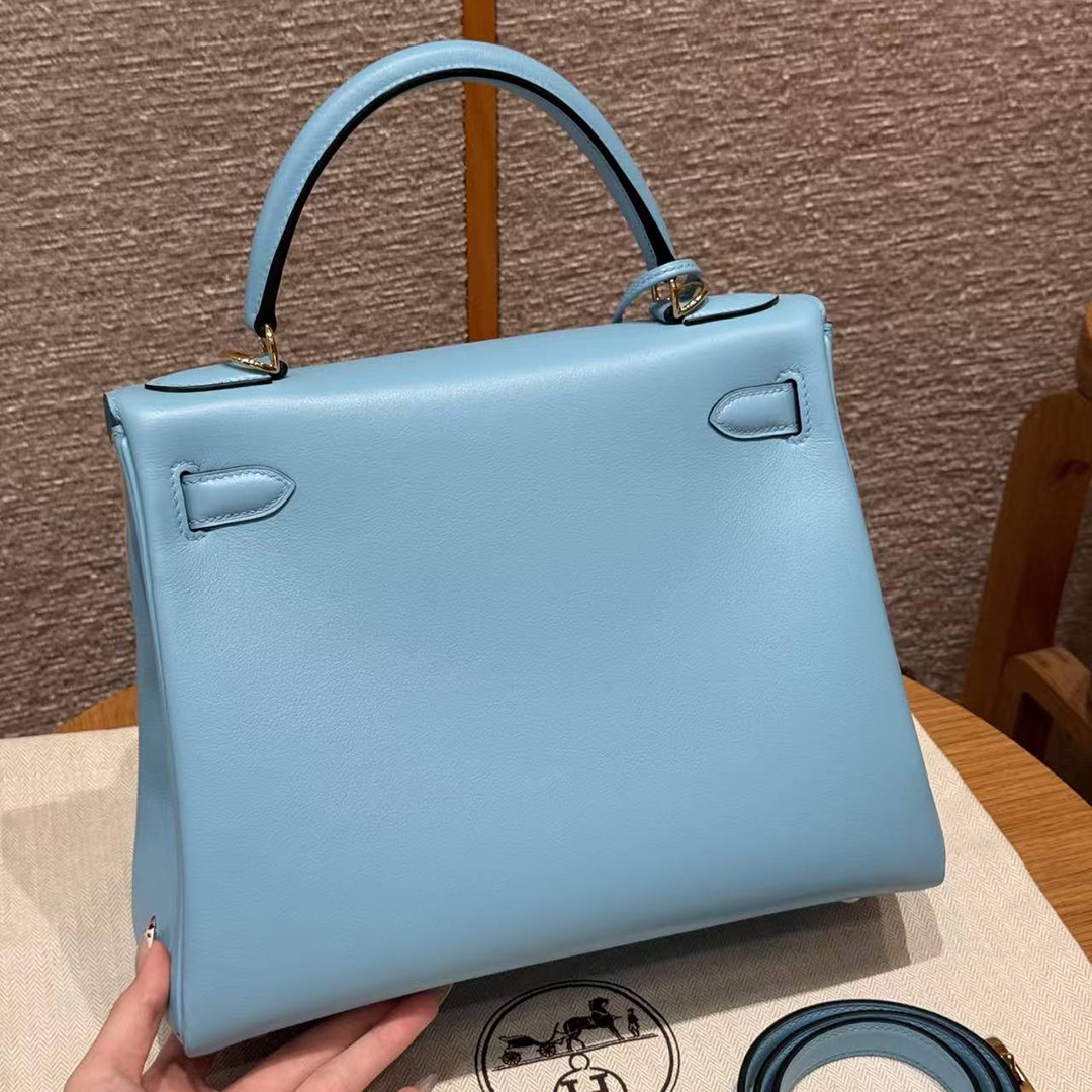 Hermes Kelly 28 Bag Handmade In Swift Calfskin Leather Gold Hardware 7N Celeste - Image 2