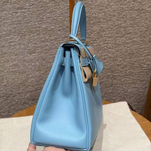 Hermes Kelly 28 Bag Handmade In Swift Calfskin Leather Gold Hardware 7N Celeste - Image 19