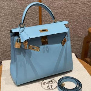 Hermes Kelly 28 Bag Handmade In Swift Calfskin Leather Gold Hardware 7N Celeste - Image 13