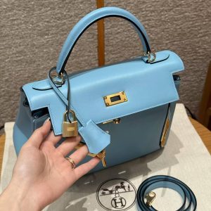 Hermes Kelly 28 Bag Handmade In Swift Calfskin Leather Gold Hardware 7N Celeste - Image 12