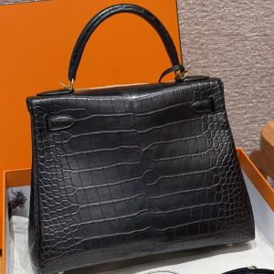 Alternative view of Hermes Kelly 28 Bag Handmade In Alligator Leather from Mississippi Gold Hardware 89 Noir