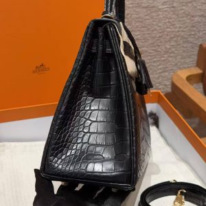 Hermes Kelly 28 Bag Handmade In Alligator Leather from Mississippi Gold Hardware 89 Noir - Image 22