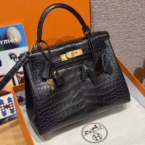 Hermes Kelly 28 Bag Handmade In Alligator Leather from Mississippi Gold Hardware 89 Noir - Image 14