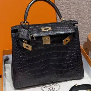 Hermes Kelly 28 Bag Handmade In Alligator Leather from Mississippi Gold Hardware 89 Noir - Image 13