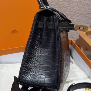 Hermes Kelly 28 Bag Handmade In Alligator Leather from Mississippi Gold Hardware 89 Noir - Image 12