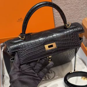 Hermes Kelly 28 Bag Handmade In Alligator Leather from Mississippi Gold Hardware 89 Noir - Image 11