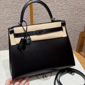 Hermes Kelly 28 Bag Handmade In Box Calfskin Leather Noir Hardware 89 Noir