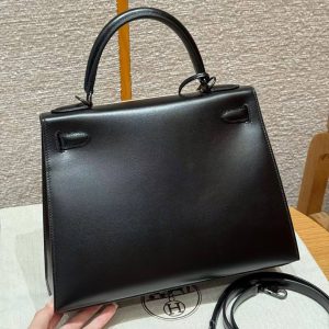 Hermes Kelly 28 Bag Handmade In Box Calfskin Leather Noir Hardware 89 Noir - Image 2