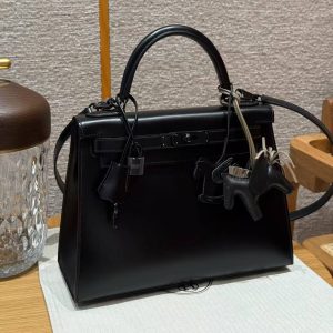 Hermes Kelly 28 Bag Handmade In Box Calfskin Leather Noir Hardware 89 Noir - Image 20