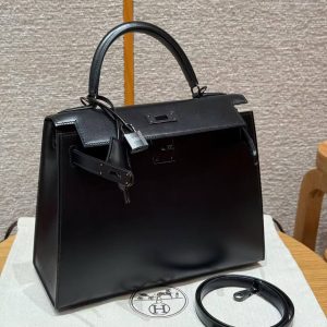 Hermes Kelly 28 Bag Handmade In Box Calfskin Leather Noir Hardware 89 Noir - Image 10