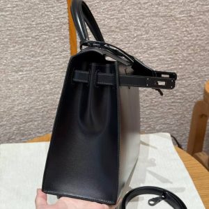 Hermes Kelly 28 Bag Handmade In Box Calfskin Leather Noir Hardware 89 Noir - Image 9
