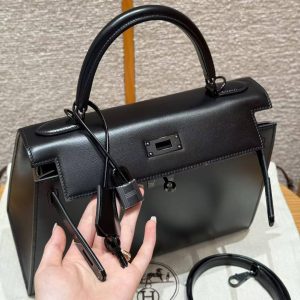 Hermes Kelly 28 Bag Handmade In Box Calfskin Leather Noir Hardware 89 Noir - Image 8