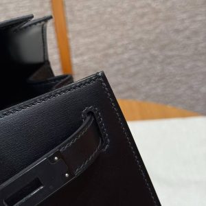 Hermes Kelly 28 Bag Handmade In Box Calfskin Leather Noir Hardware 89 Noir - Image 7