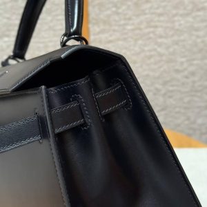 Hermes Kelly 28 Bag Handmade In Box Calfskin Leather Noir Hardware 89 Noir - Image 3